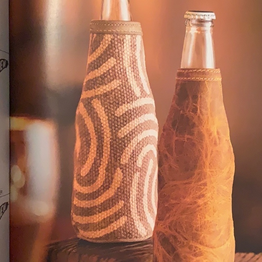 Myra Gray Maze beer bottle koozie, canvas, leather
